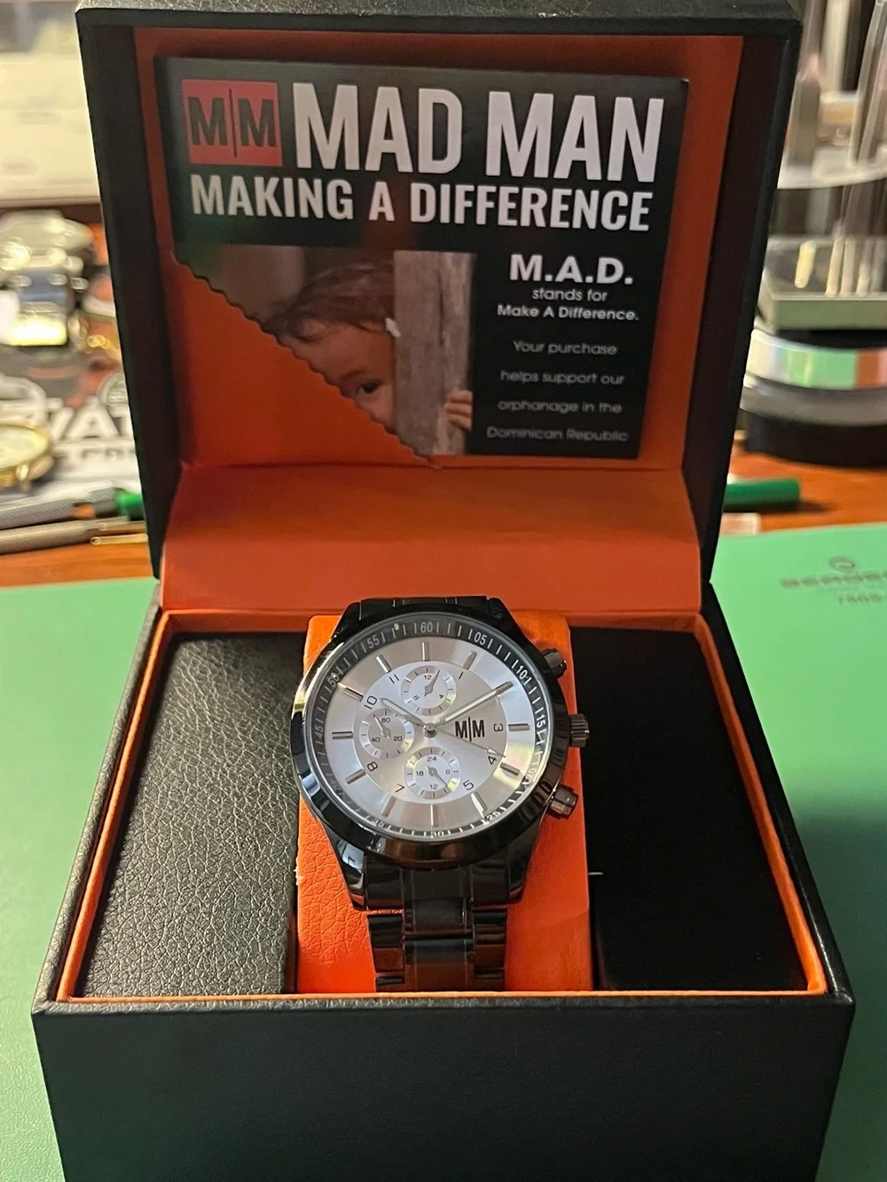 M|M Stainless Steel Chronograph Watch - Silver Dial, Black Bracelet